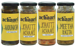 The Achaari Nouncha, Khatti Achaari Black Pepper, Khatti Achaari Red Chilli, Meetha Raita