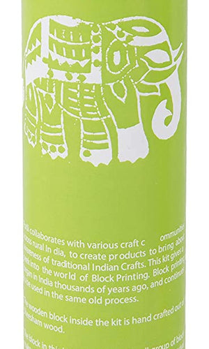 POTLI Handmade Wooden Block Print DIY Craft Kit Dupatta - (Green Elephant Design Block) (For All Ages)