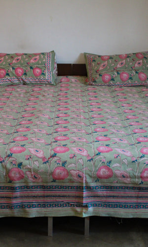 Handblock Printed Double Bedsheet with Pillow Covers