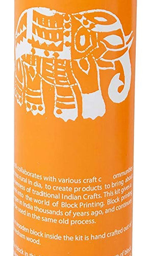 POTLI Handmade Wooden Block Print DIY Craft Kit Dupatta - (Orange Elephant Design Block) (For All Ages)