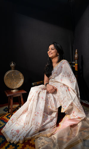 Off White Printed Chanderi Sari